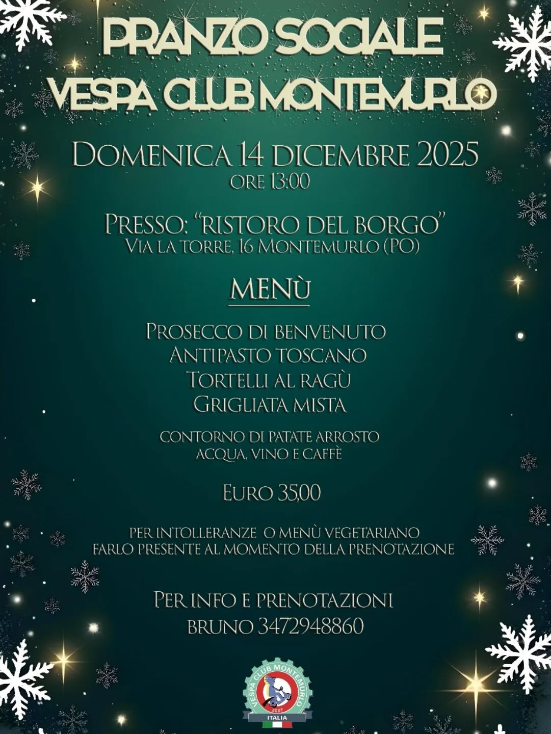 🎄🎄🎄❄️❄️❄️L'anno giunge al termine, e come di consueto il pranzo sociale si avvicina, non prendete impegni per Domenica 14 Dicembre 2025! Vi aspettiamo numerosi anche se i posti saranno limitati a 70. ❄️❄️❄️🎄🎄🎄
Info e prenotazioni 
Bruno 3472918860
Anticipo pagamento in sede! 
Vamosssssss!!!!